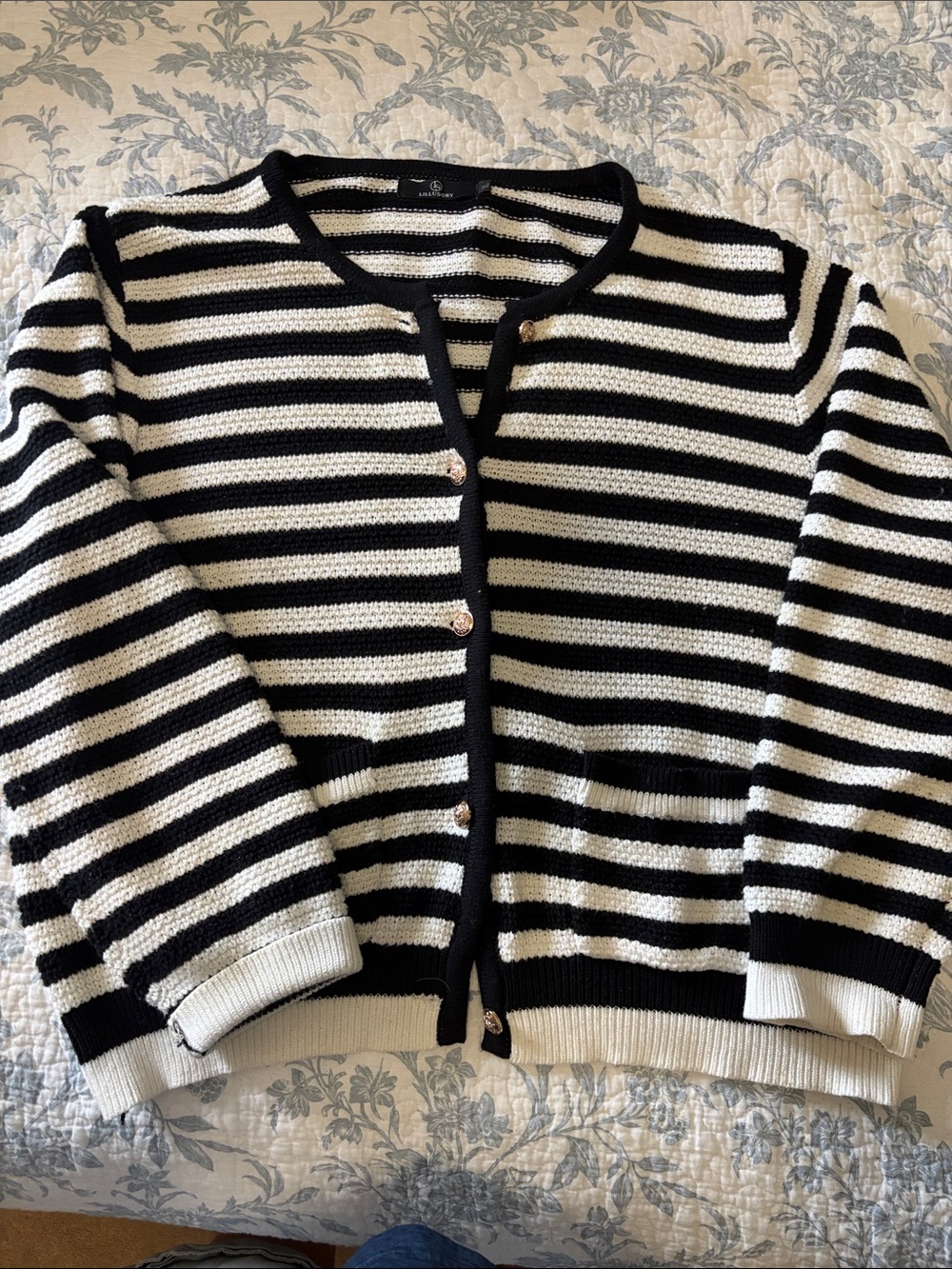 Black and White Striped Knit Cardigan Sweater
